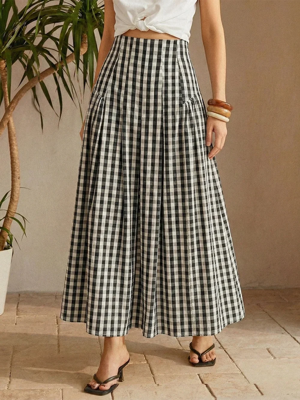 Gingham High-Waisted Pleated Midi Skirt